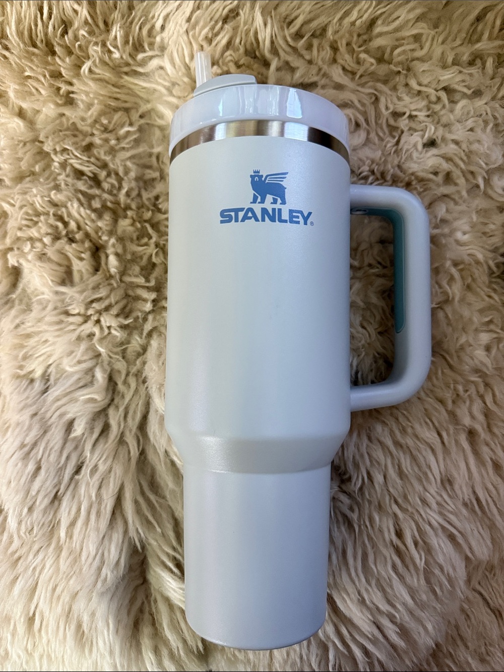 Stanley White Travel Tumbler with Blue Logo and Handle